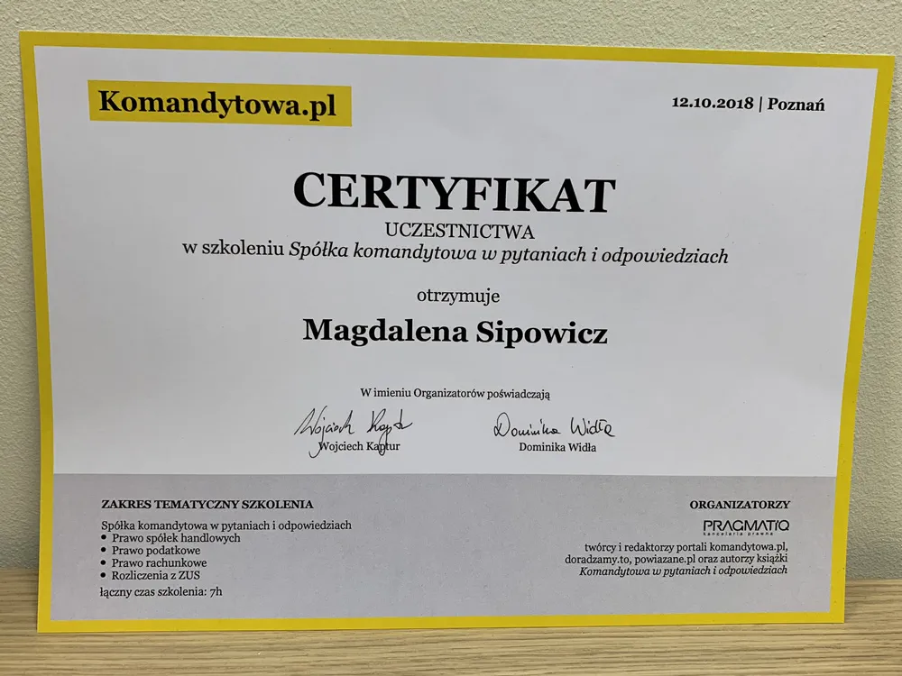 Certyfikat komandytowa sipowicz